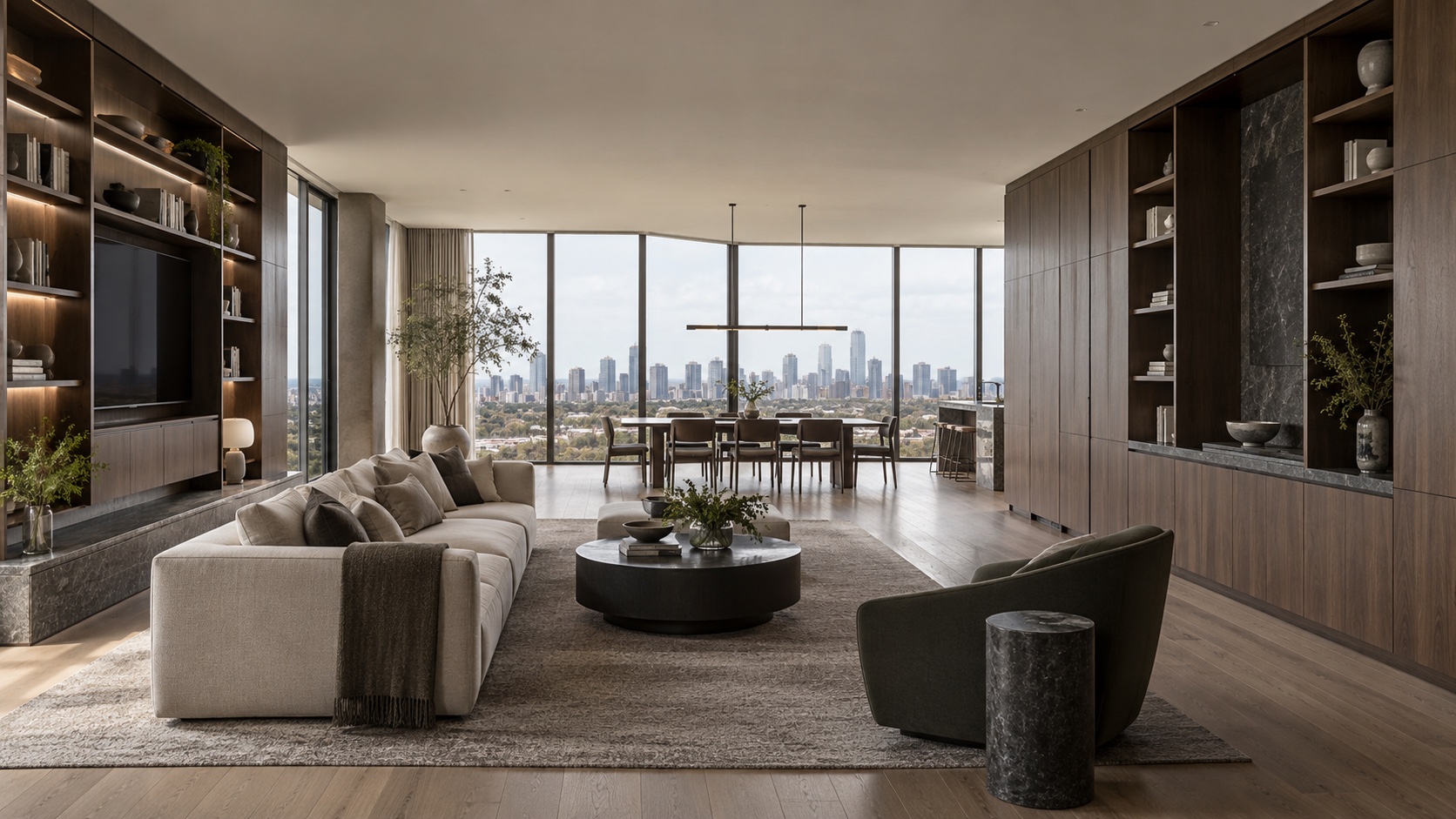Expansive apartment design study with integrated walnut storage walls and an urban skyline outlook